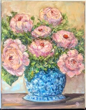 ORIGINAL OIL impasto Painting "PEONY PINK FLOWERS"  14"x 11" by Olga Diduh.