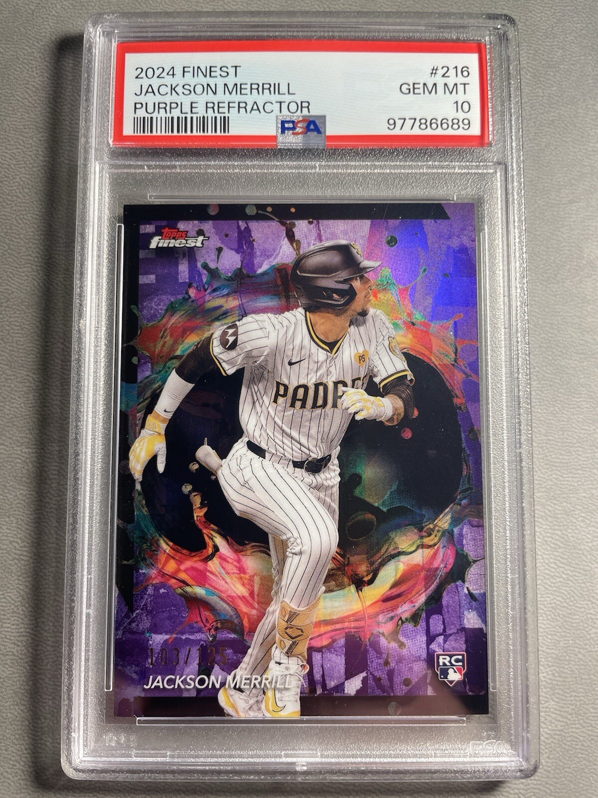 2024 Topps Finest Jackson Merrill Purple Refractor Rare RC /125 PSA 10 #216