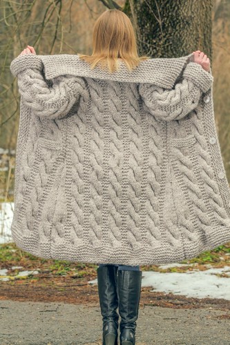 Beige wool cardigan long thick sweater hand knitted cable knit coat SUPERTANYA - Picture 7 of 12