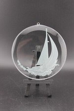 Clear glass round Suncatcher etched Sailboat nautical design signed KSW