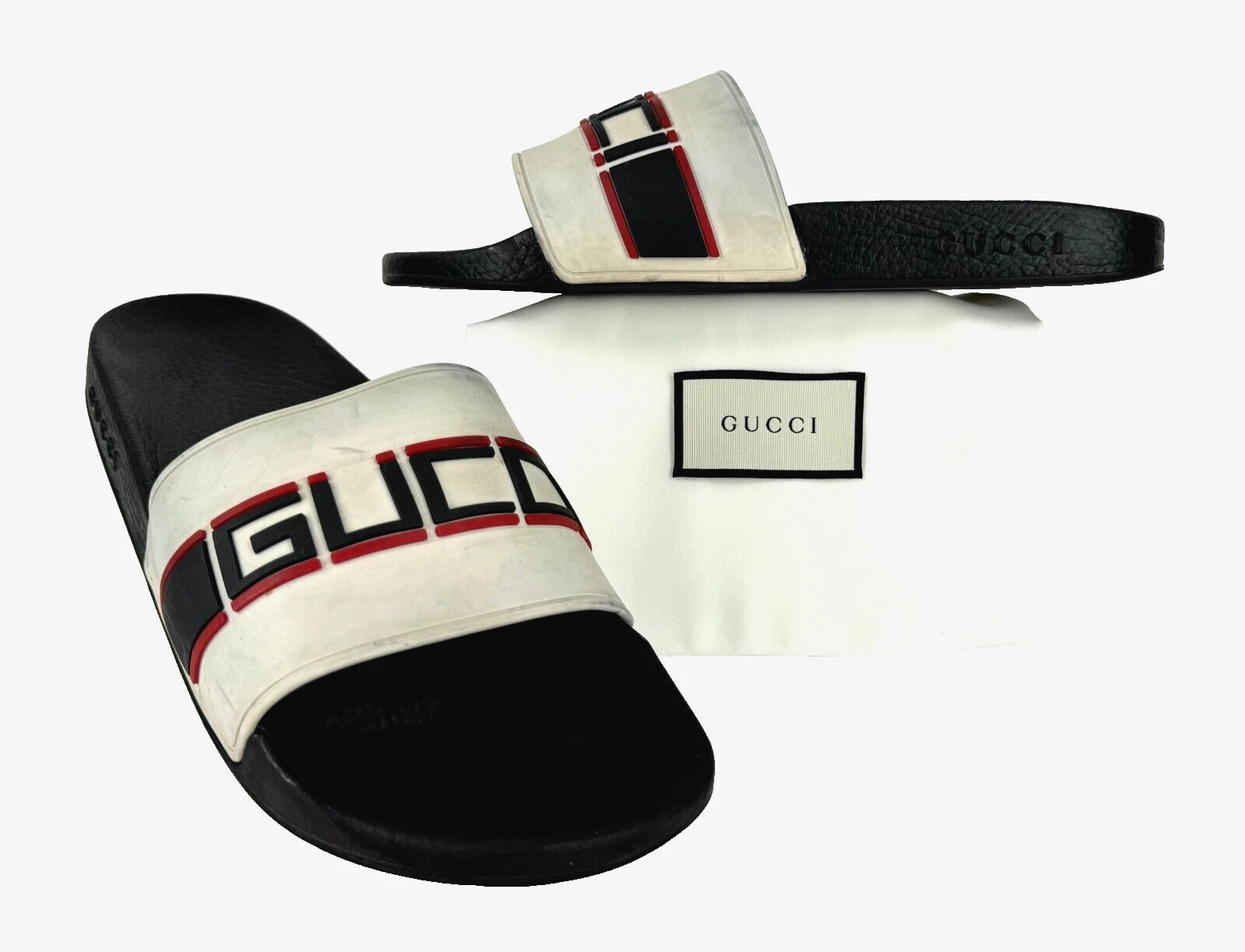 Gucci hommes authentiques 10,5 US 10 UK 44 EU blanc logo caoutchouc piscine slides sandales chaussures