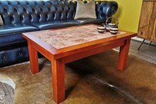 Unused, Solid Wood Real Red Marble Tiled Coffee Table