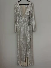 Ieena For Macduggal Silver Long Sleeve V-Neck Sequined Wrap Dress 26395 Size 16