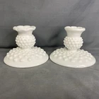 Vintage Fenton White Milk Glass Hobnail Short Taper Candlestick Holders Set Of 2