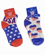 Kids Patriotic Crew Socks Lot Of 2 Red/White/Blue USA Stars Heart Size 5 - 6.5