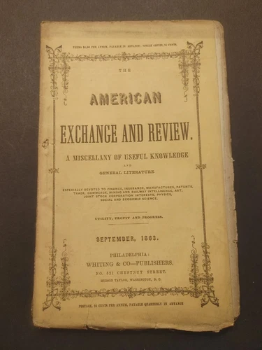 Scarce Sept. 1863 American Exchange & Review An Expositor Of Social & Economic 