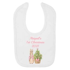Image of Peter Rabbits Pink Christmas Tree Personalised Baby BIB