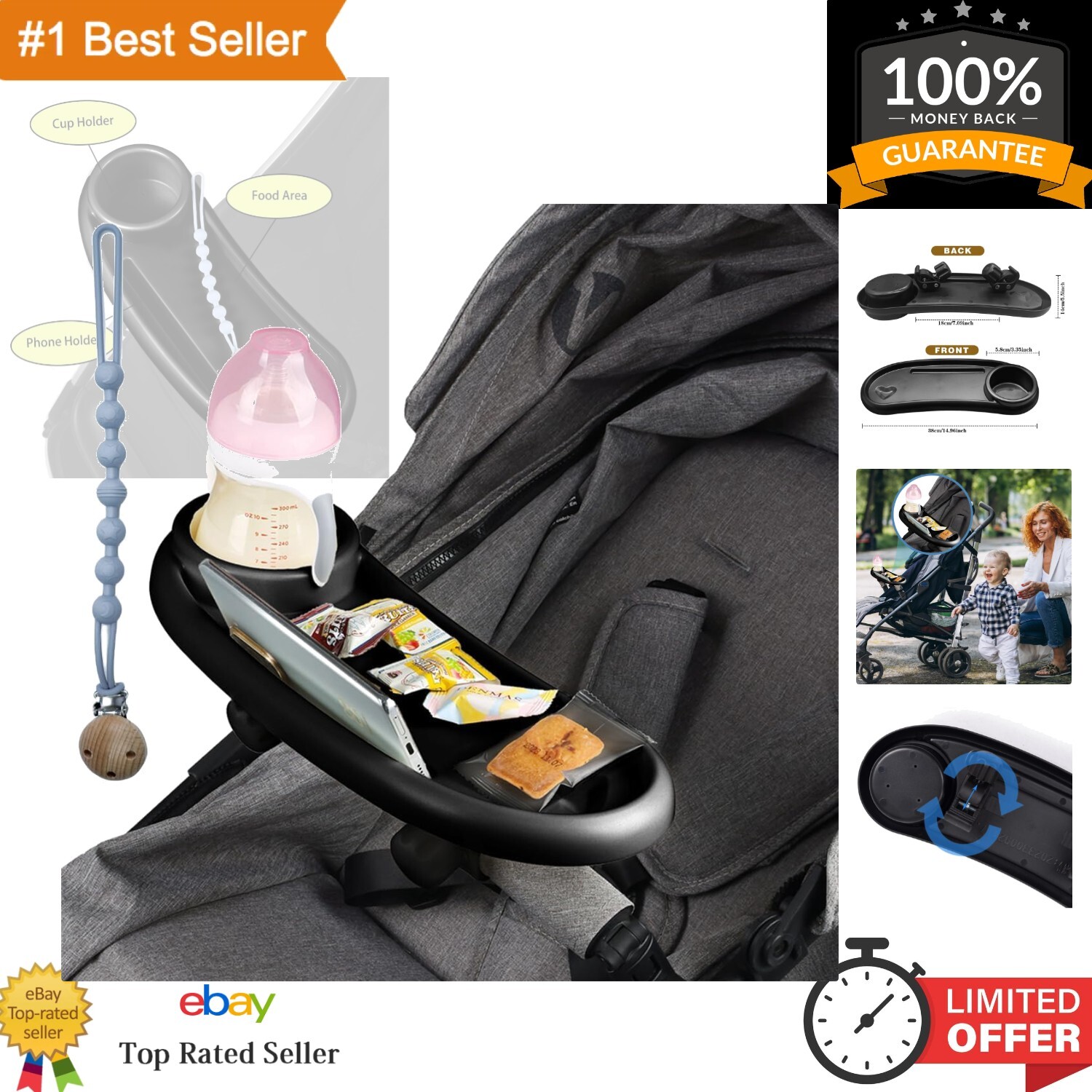 Convenient Snack & Cup Holder Stroller Tray with Non-Slip Clip for Toddlers