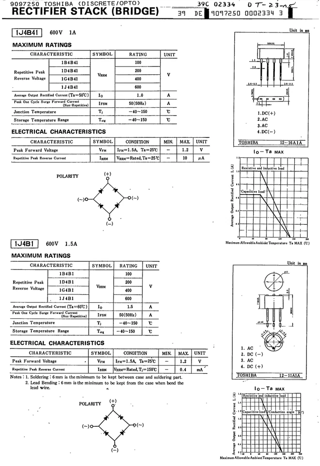 10 PIEZAS 1D4B41 TOSHIBA Puente Monofásico Rectificador 200V 1A Diodo Foto 2 de 3