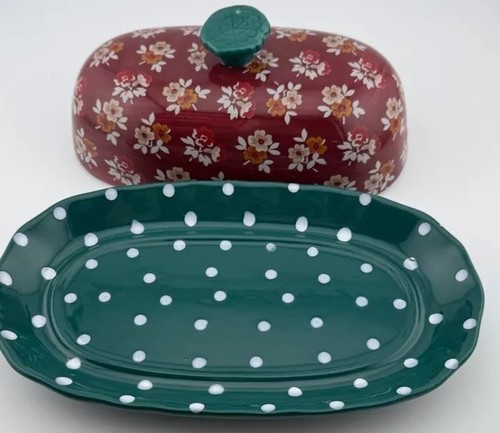 Pioneer Woman Butter Dish Burgundy Teal Green Polka Dots - Picture 2 of 6