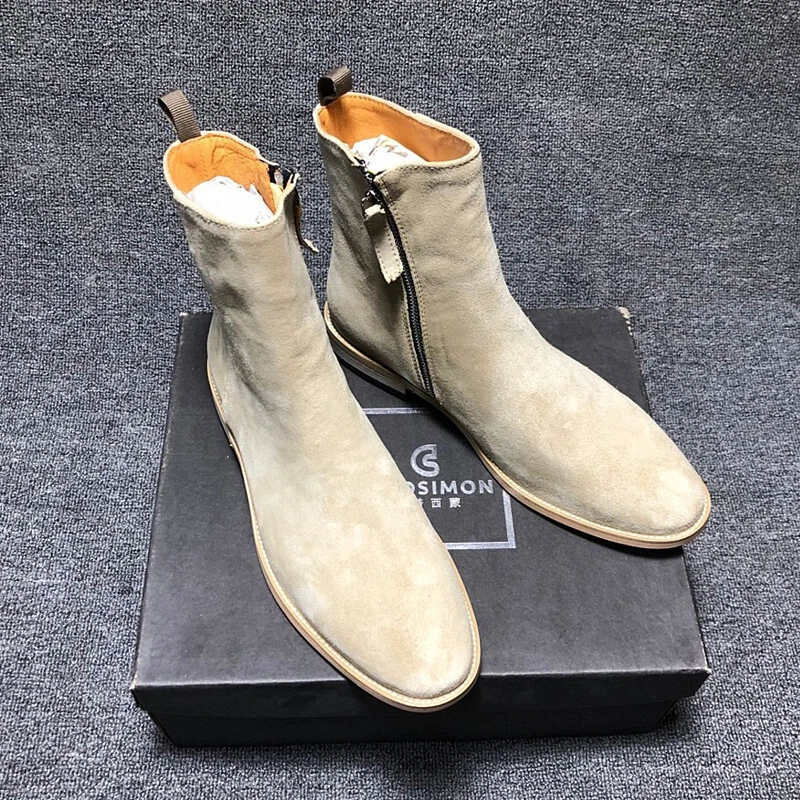 Estilo Retro Hombres Británico Occidental Gamuza Real Cuero Tobillo Chelsea Botas Cremallera Zapatos Foto 3 de 4