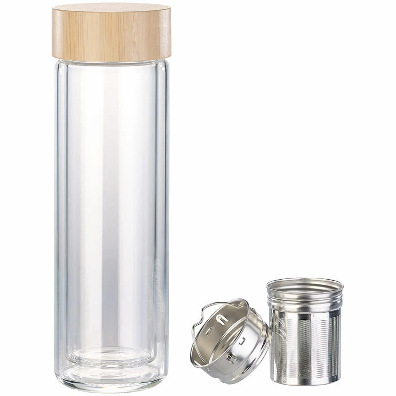 2er-Set doppelwandige Glas-Trinkflaschen mit Neopren-Hülle & Tee-Sieb - Bild 3 von 4