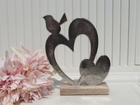 Deko Herz Mit Vogel Aluminium Holzsockel Dekofigur Landhaus Romantik H.20Xb.16Cm