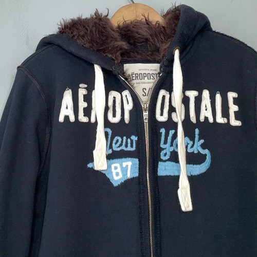 Aeropostale New York Talla Pequeña Azul Marino Cremallera Forrada de Piel Sudadera con Capucha Y2K - Imagen 3 de 12