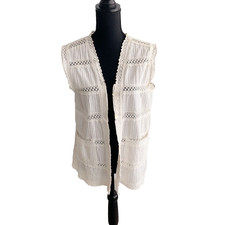Vintage 70s Boho Crochet Off White Cotton Hippy Vest Small Medium
