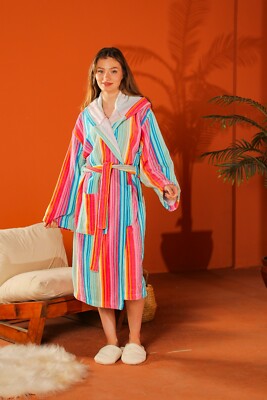 Rainbow Towel Bathrobe for Women   Hooded Cotton Robe with Belt and Pockets