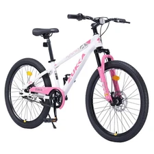 Suspension fork Mountain Bike for Girls and Boys 24 inch 1 Speed,White Pink