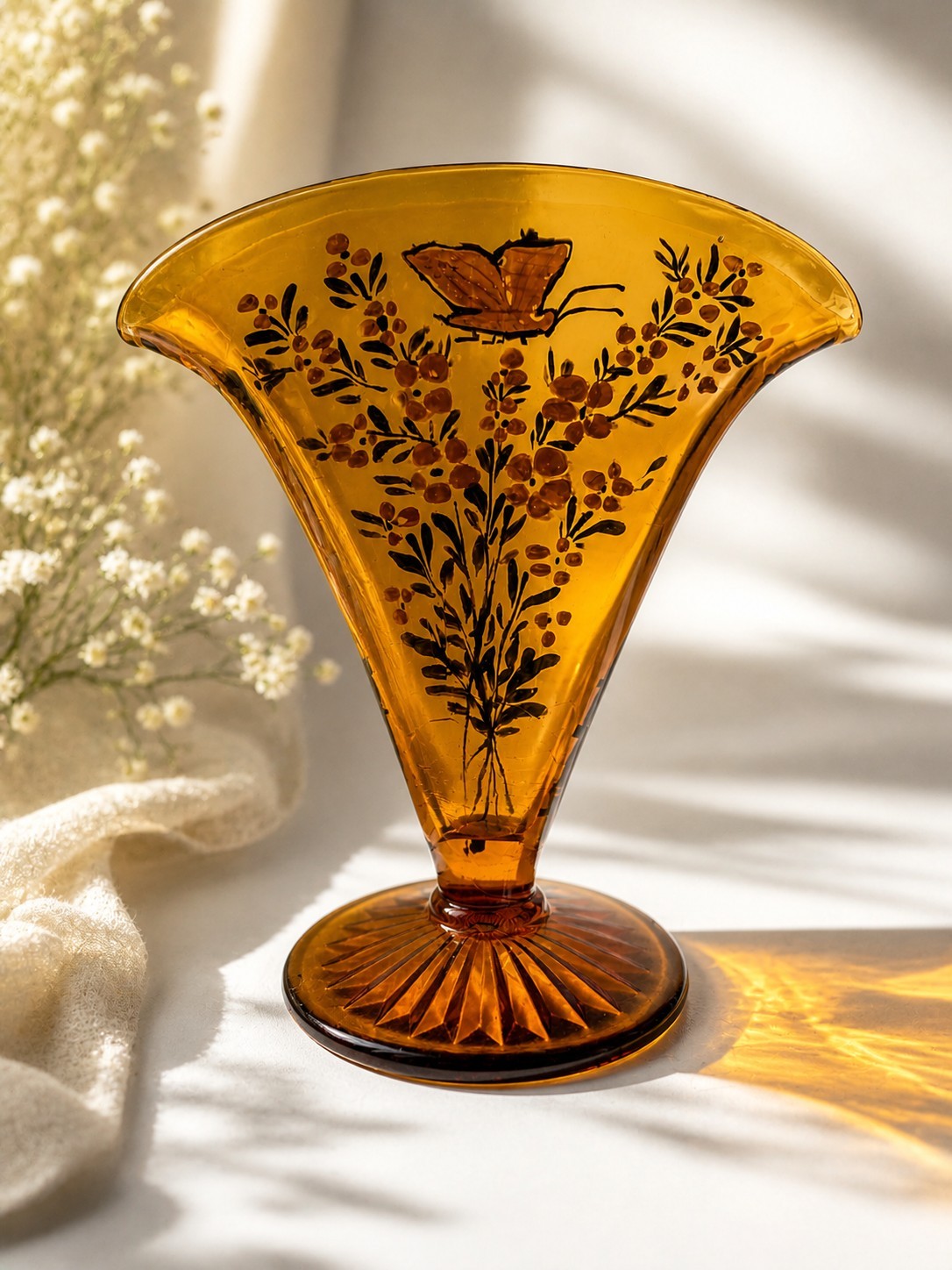 Vintage Amber Glass Fan Vase Hand Painted Butterfly Floral Crimped Rim