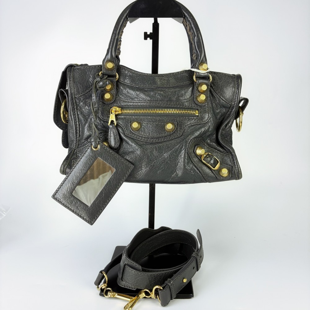 BALENCIAGA Classic City Motorcycle Bag Dark Grey Lambskin Gold Hardware w/ Strap