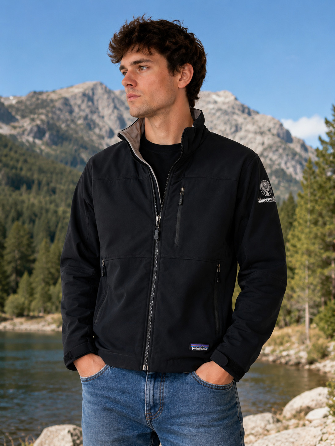 Patagonia Jacket XS Black Soft Shell Fleece Lined Jagermeister Logo Full Zip
