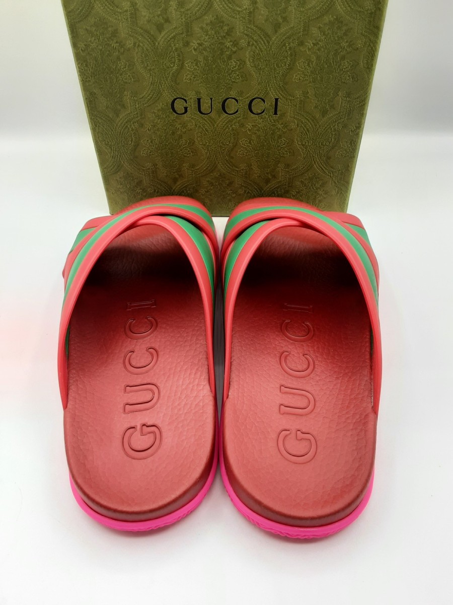 GUCCI Rubber Web women's criss-cross slides sandals Red/ Green EU