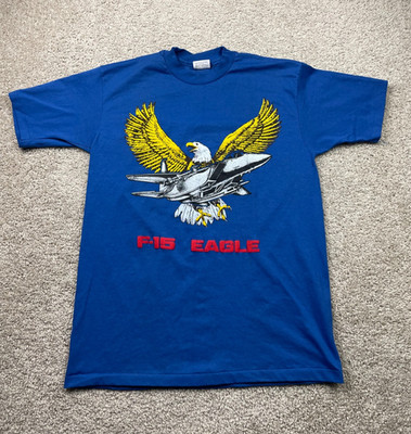 Vintage F-15 Eagle Fighter Jet Shirt Men's Large Blue Single Stitch 90s USA