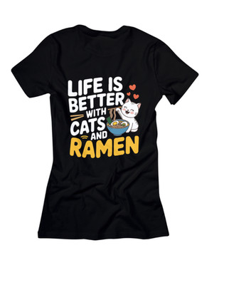 Damen T-Shirt Life is Better with Cats and Ramen Print Druck Baumwollshirt