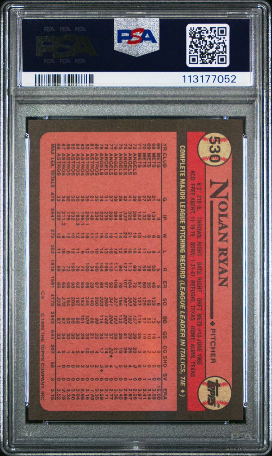 1989 TOPPS #530 NOLAN RYAN PSA 9 view 2