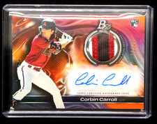Corbin Carroll Rookie Auto Patch /25 2023 Bowman Platinum 3 Color Swatch SP Card. rookie card picture