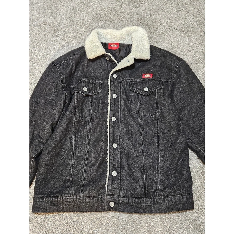 Dickies Denim Jacket Women Medium Black Sherpa Collar Quilted Lined Button Up - Image 2 of 4
