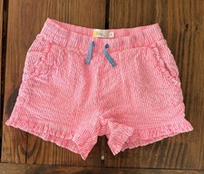 Boden Girls Pink White Striped Seersucker Shorts 9Y Ruffle Trim Drawstring. C-1a