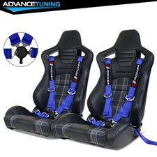 Universal Reclinable Black Racing Seat Blue Plaid Dual Slider Cam-lock Belt X2