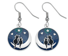 Cats on the Moon Drop Earrings Celtic Lands Silver Tone Blue Fine Enamel