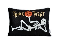 Trick or Treat Skeleton Velvet Throw Pillow, Halloween Lumbar Accent Decorative