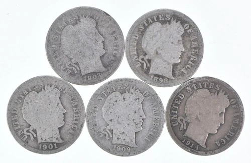 Better Lot 5 1903-O 1898 1901-O 1909-O 1914-S Barber Dime 0.50 Face *171