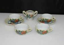 Vintage Japan Lusterware Blue  Orange Floral Ceramic Child's Tea Set 7 Pcs