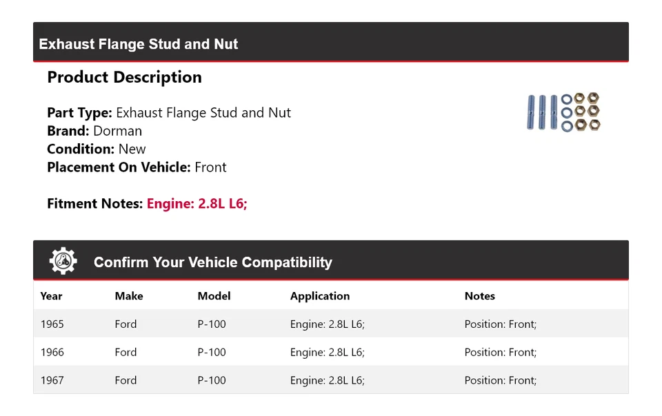 适用于 1965 - 1967 年福特 P-100 2.8L L6 Dorman 排气法兰螺柱和螺母前 1966 — 第 2/4 张图片