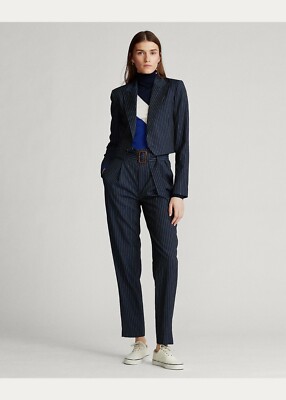 Polo Ralph Lauren Womens Cropped Navy Wool Striped Button Blazer