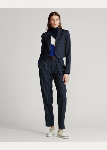 Polo Ralph Lauren Womens Cropped Navy Wool Striped Button Blazer Jacket NWT $598 - Picture 2 of 6