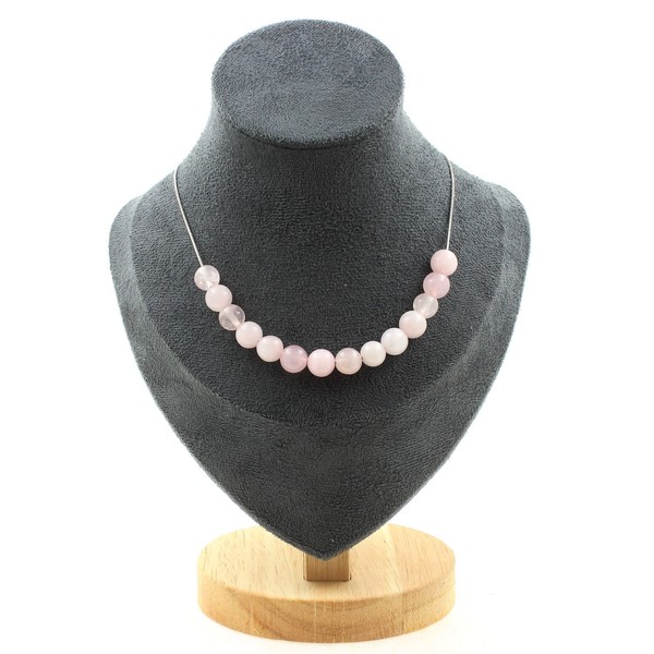 Steine Und Mineralien. Halskette 15 Perlen Rosenquarz 8 Mm Kette Aus Edelstahl-image