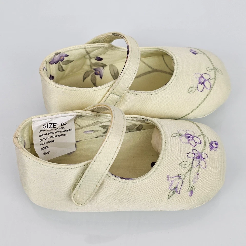 Zapatos de cuna vintage Gymboree flor de cerezo verde púrpura satinado bebé niña 3 9-12 m Foto 2 de 4