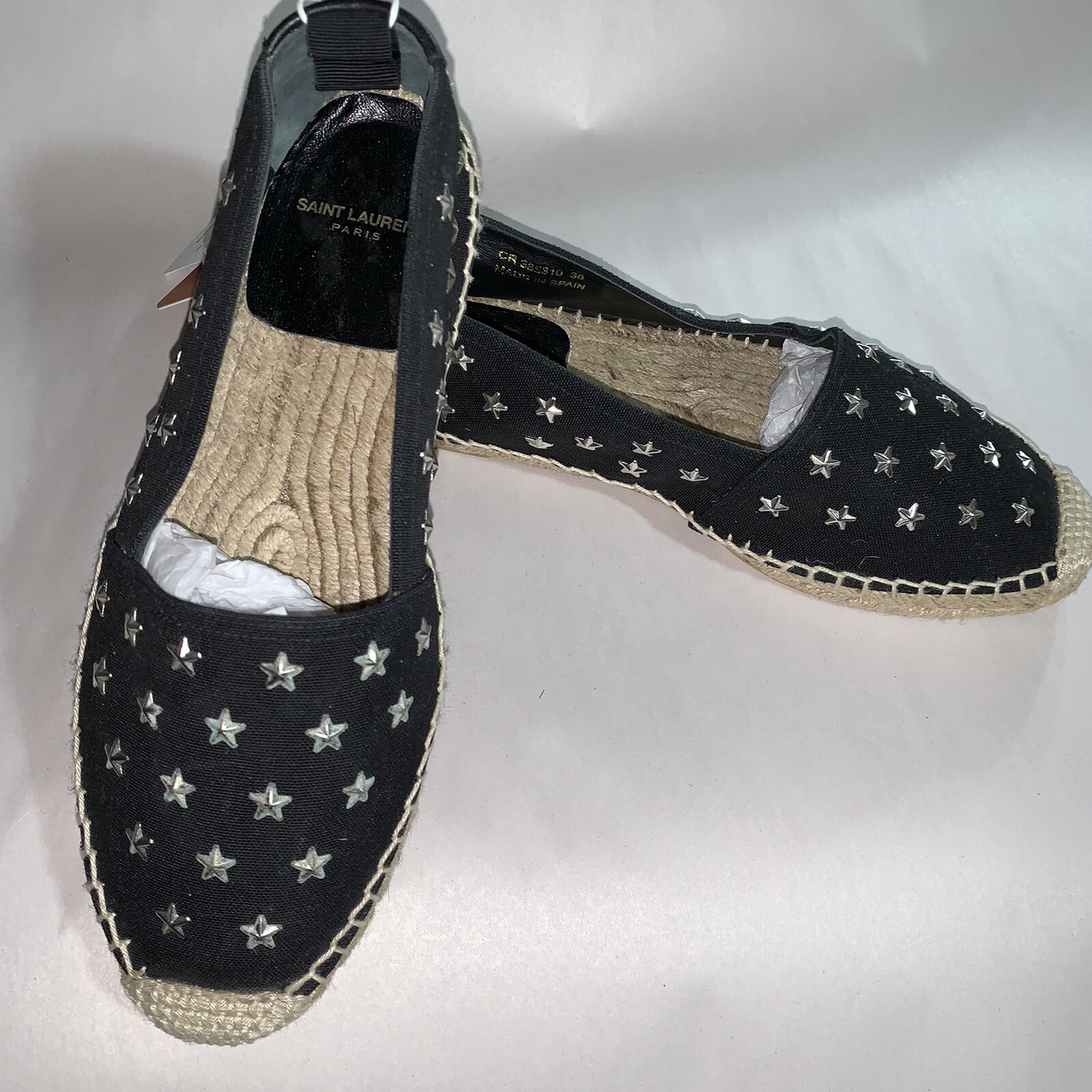 ESPADRILLAS tela nera preamata SAINT LAURENT PARIS taglia 38 con stelle argento