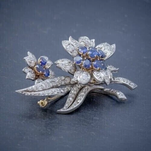 Broche prendedor redondo de racimo de zafiro azul simulado de 3 quilates enchapado en oro amarillo de 14 quilates Foto 2 de 4