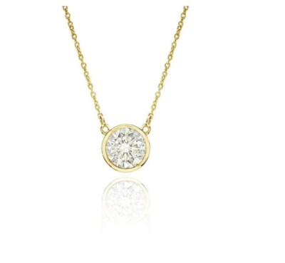 14K Solid  Gold Bezel Pendant Necklace With Cubic Zirconia Stone Gift