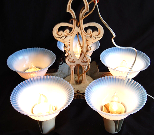 Art Deco Antique Opalescent-Iridescent Shades 5 Light Chandelier Gorgeous Wired - Picture 2 of 12
