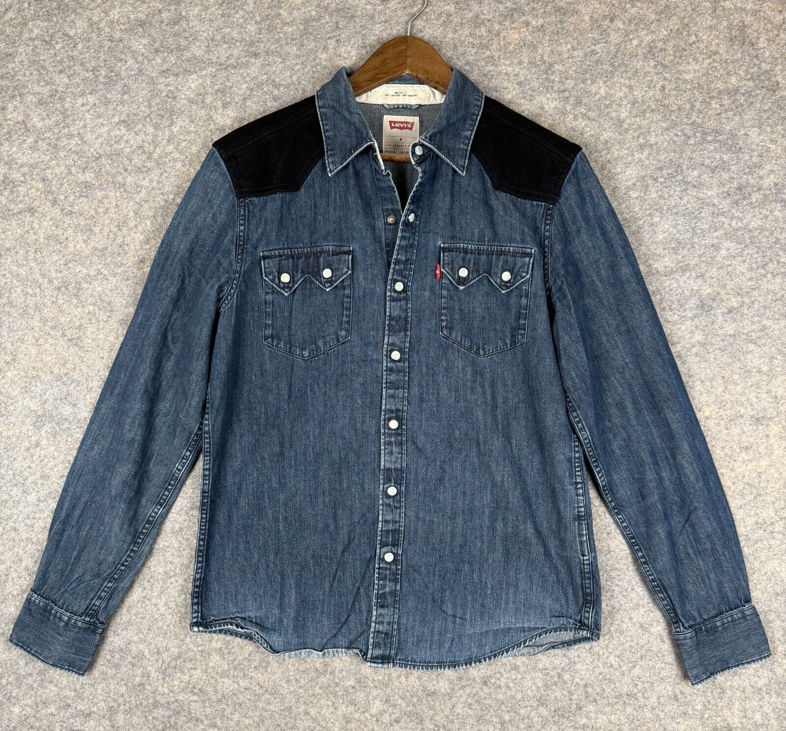 Levi's Western Pearl Snap Denim Barstow Shirt Mens Medium Sawtooth Faux Suede