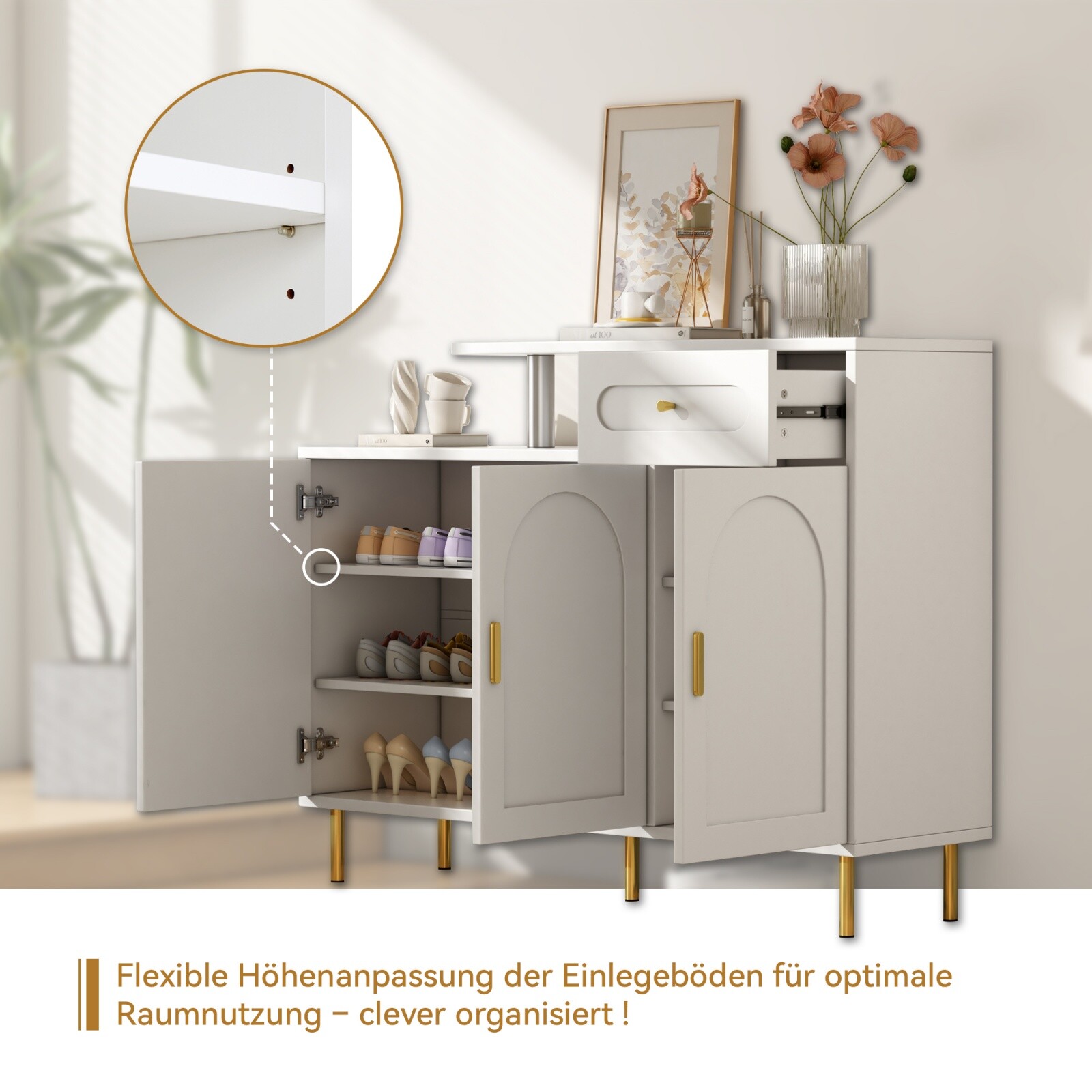 Kommode Sideboard Schuhschrank mit Golden Metallgriffen, 1 Schublade und 3 Türen
