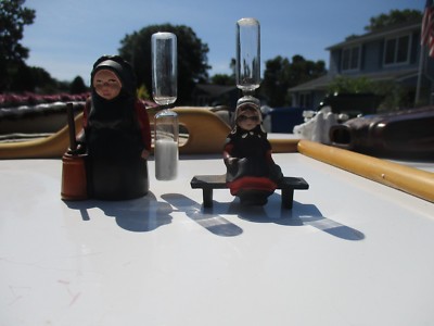 2 Vintage ''Amish Lady'' & ''Amish Girl'' Sand Egg Timer Hourglass ON BENCH