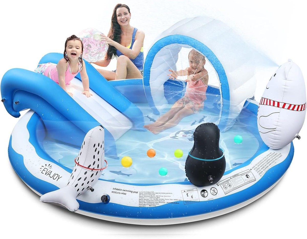 EVAJOY Inflatable Play Center Kiddie Pool with Slide for Children Blue