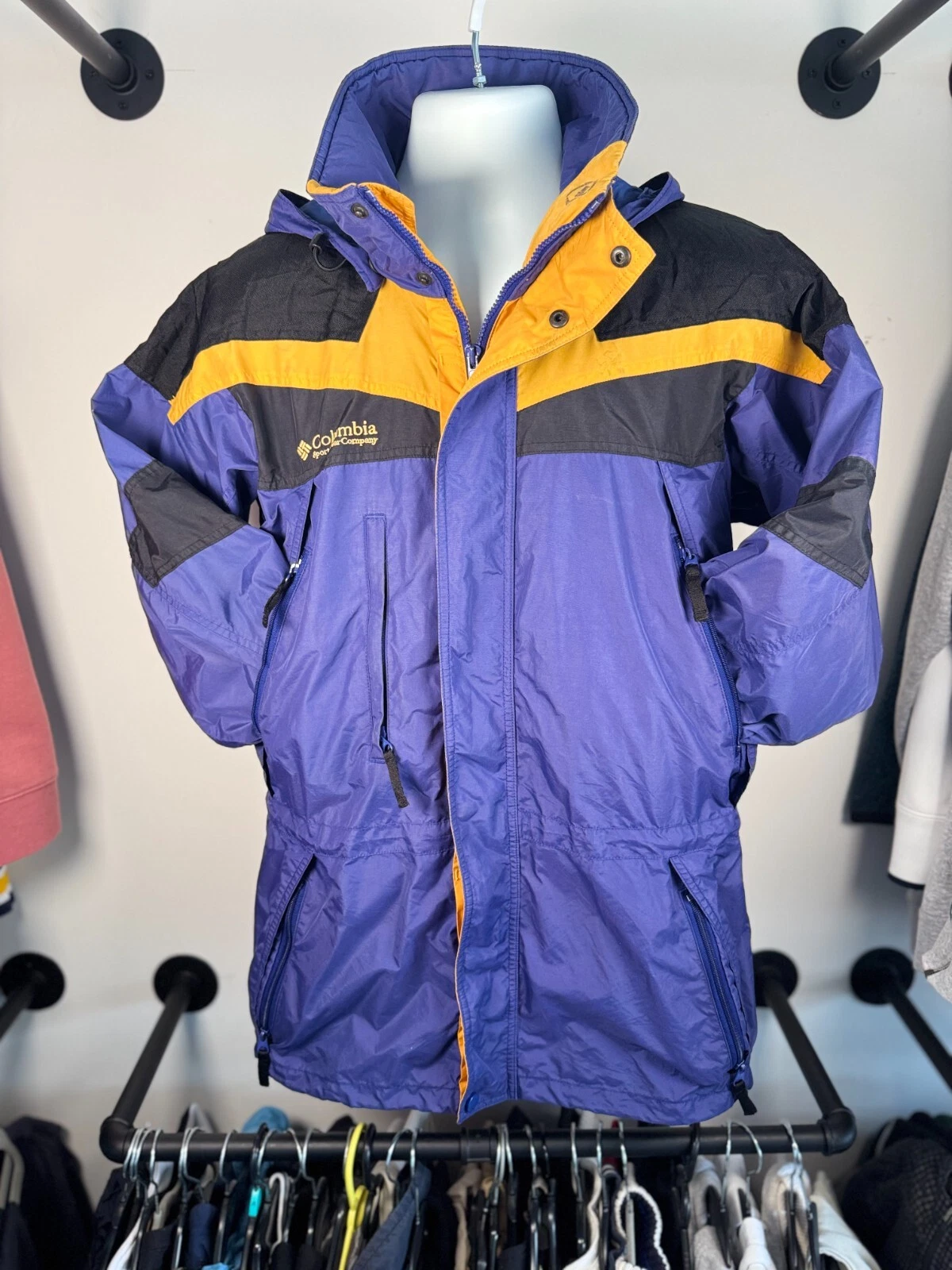 Columbia Vintage Men’s Small Windbreaker Jacket Lapis Blue Yellow Black Retro